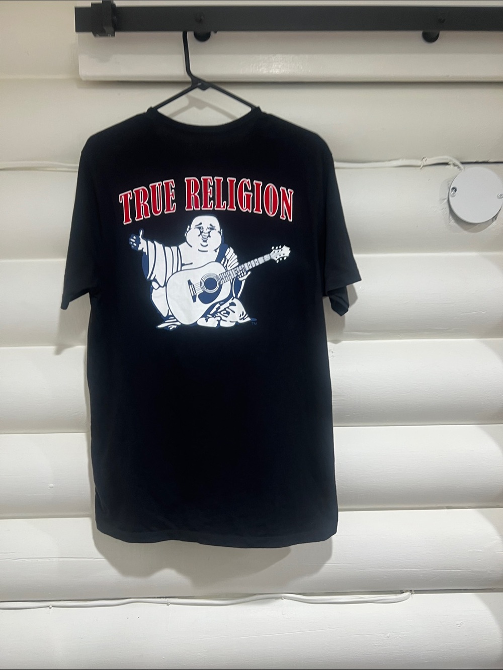 True Religion Black Tee with White & Red Guitar Buddha Graphic
